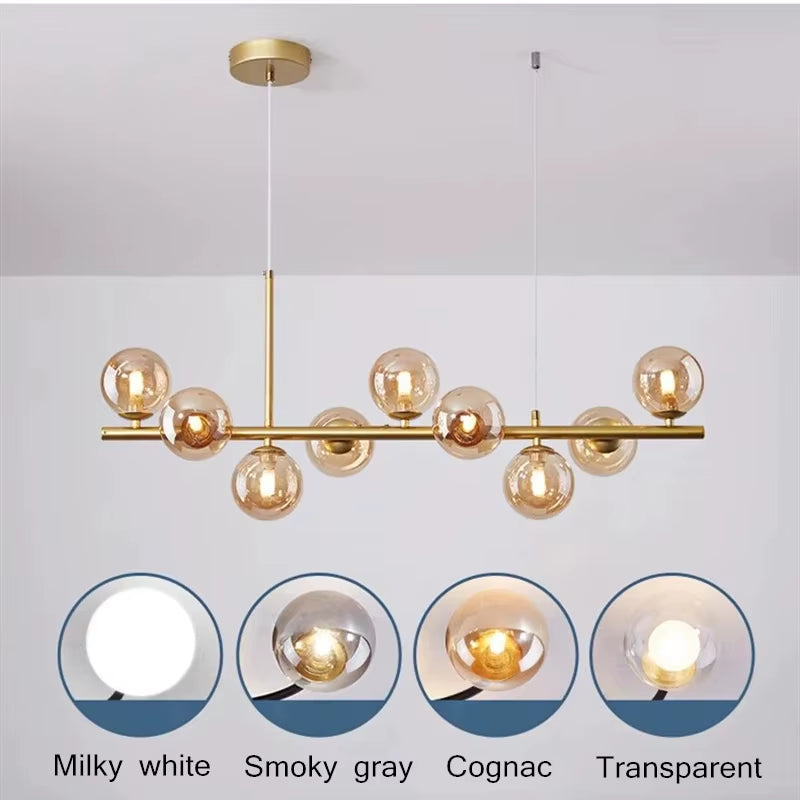 Nordic Modern LED Pendant Gold Light Glass Ball 11 Heads Hanging Lamp for Kitchen Living Dining Room Suspension Luminaire Design